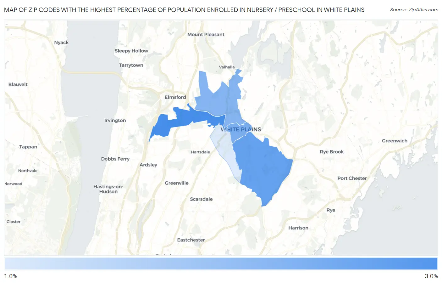 Zip Codes with the Highest Percentage of Population Enrolled in Nursery / Preschool in White Plains Map