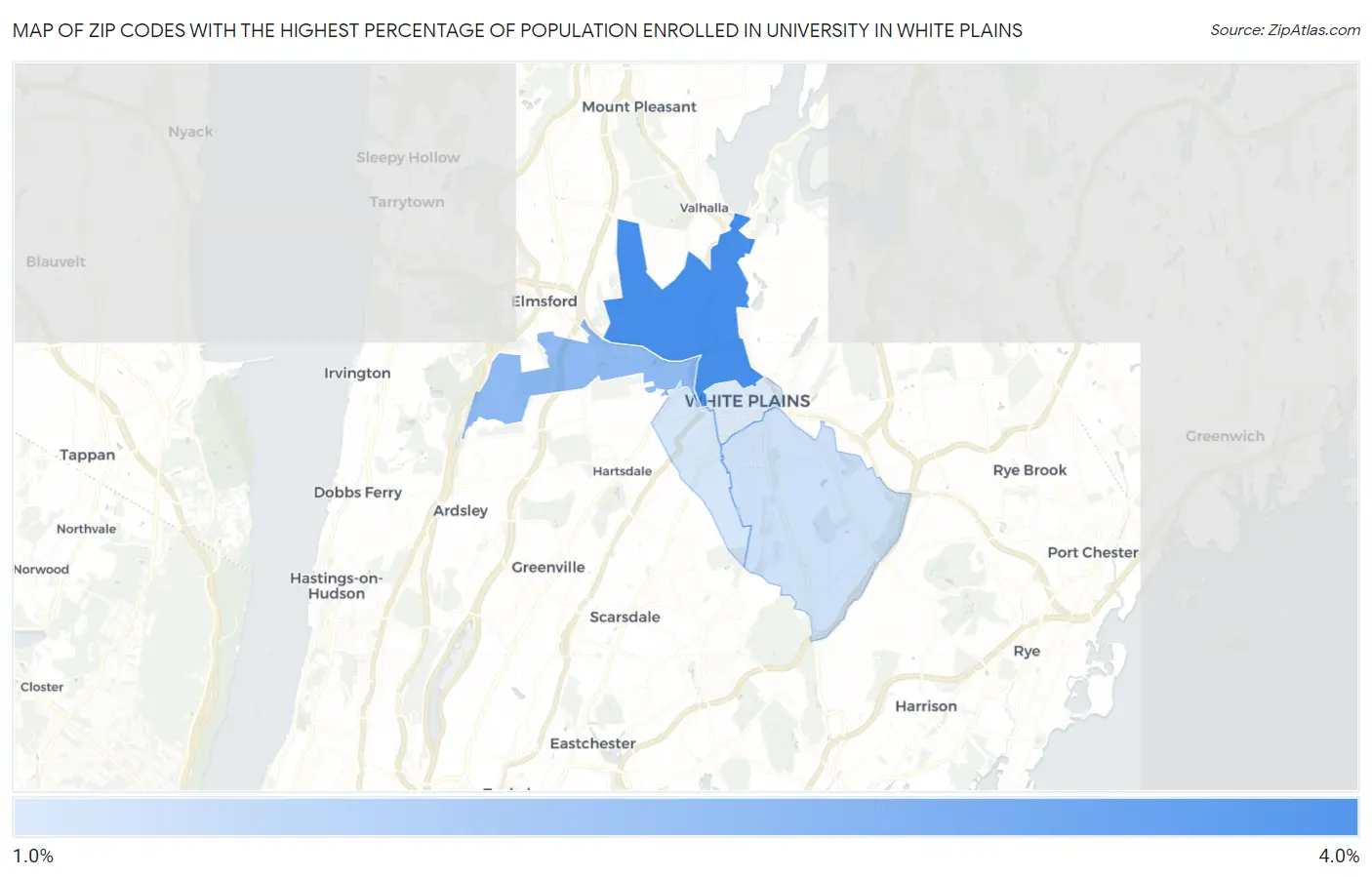 Zip Codes with the Highest Percentage of Population Enrolled in University in White Plains Map