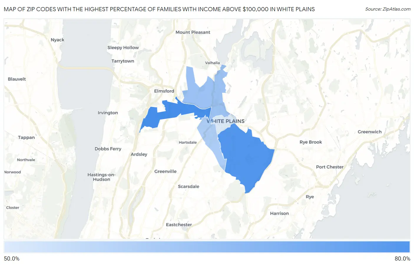 Zip Codes with the Highest Percentage of Families with Income Above $100,000 in White Plains Map