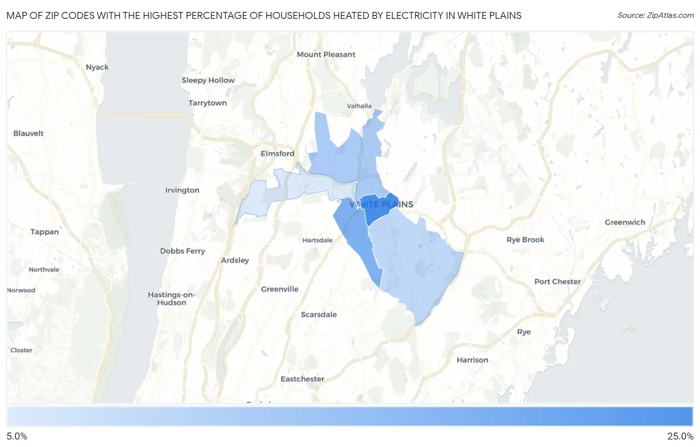 Zip Codes with the Highest Percentage of Households Heated by Electricity in White Plains Map