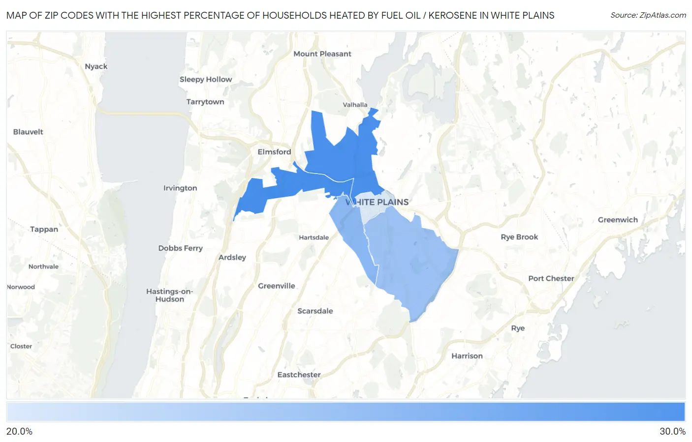 Zip Codes with the Highest Percentage of Households Heated by Fuel Oil / Kerosene in White Plains Map