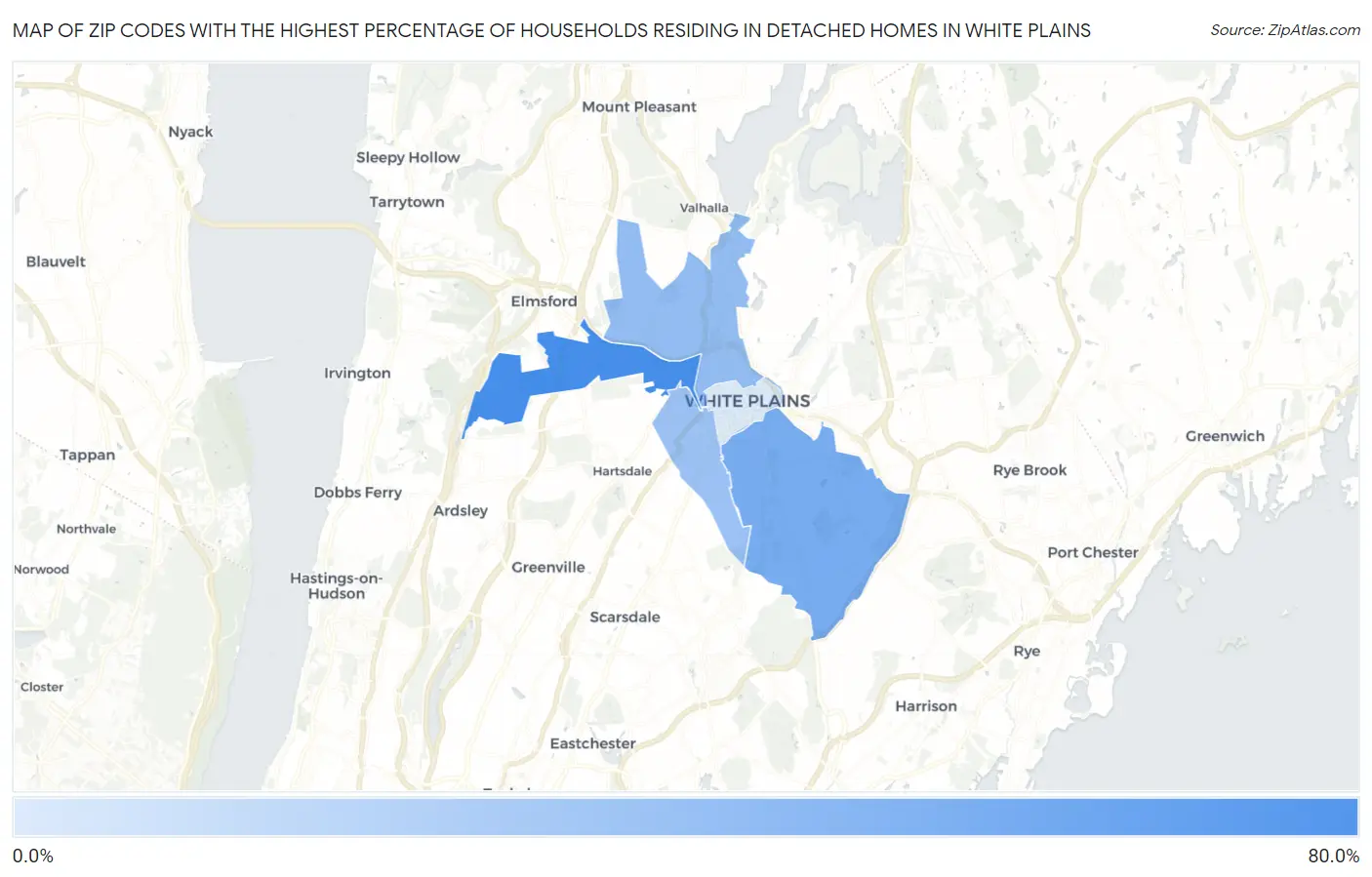 Zip Codes with the Highest Percentage of Households Residing in Detached Homes in White Plains Map