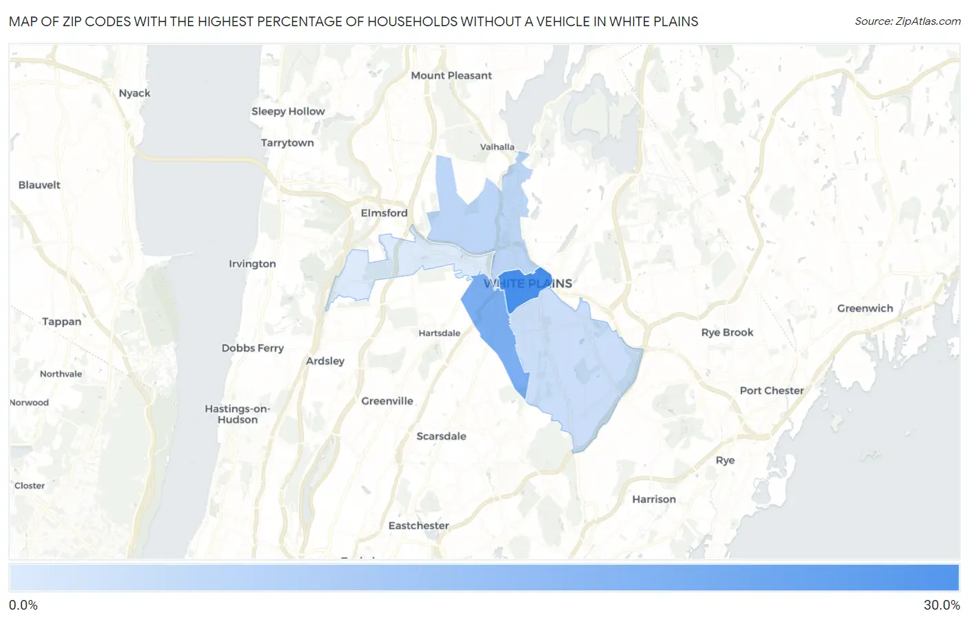 Zip Codes with the Highest Percentage of Households Without a Vehicle in White Plains Map