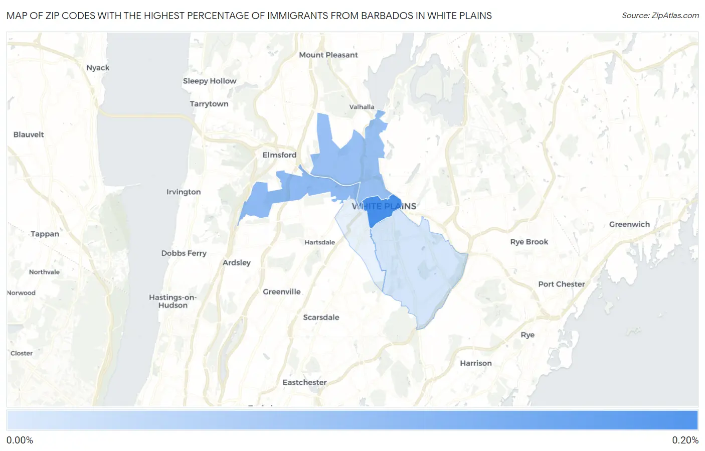 Zip Codes with the Highest Percentage of Immigrants from Barbados in White Plains Map
