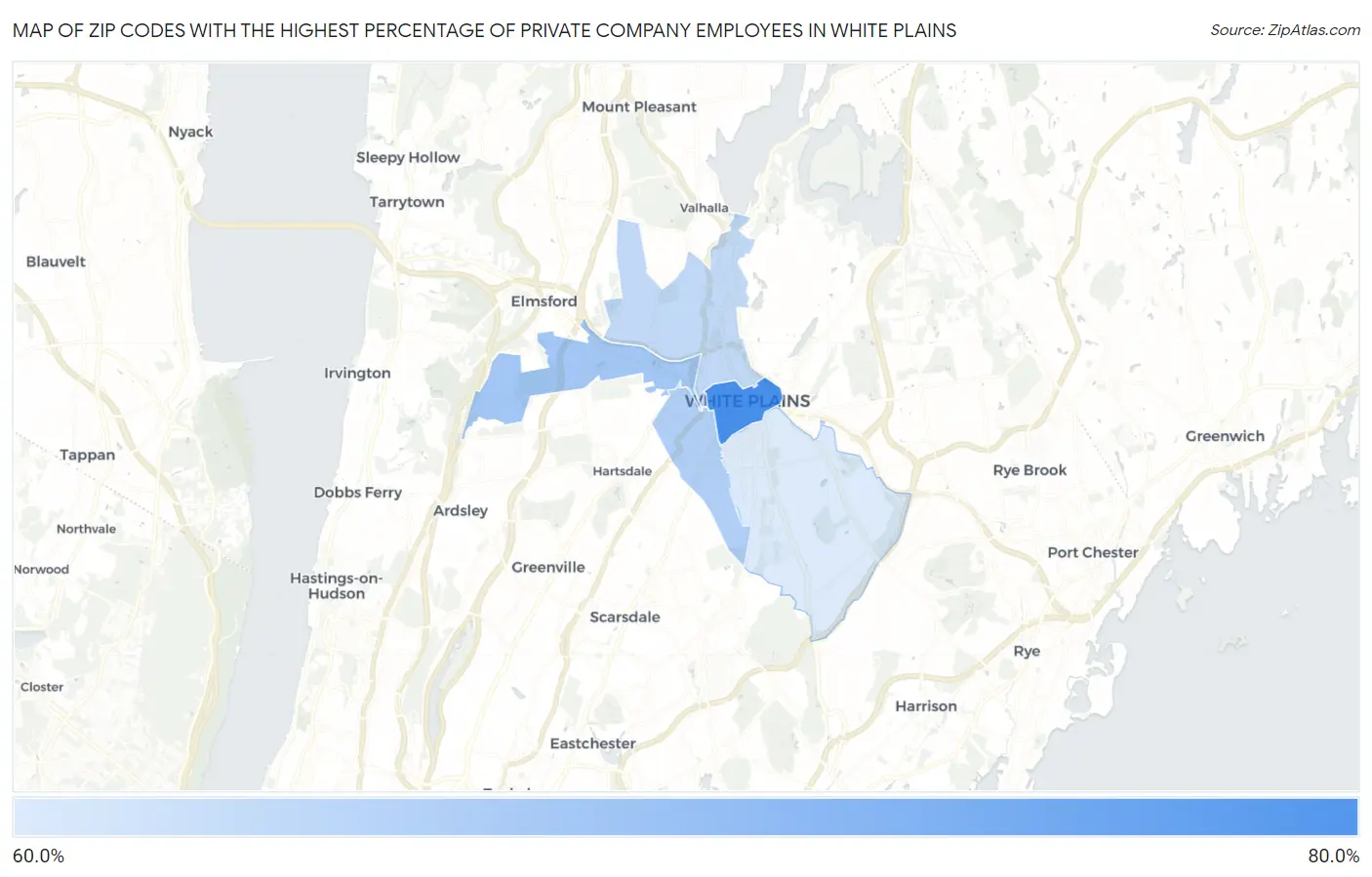 Zip Codes with the Highest Percentage of Private Company Employees in White Plains Map