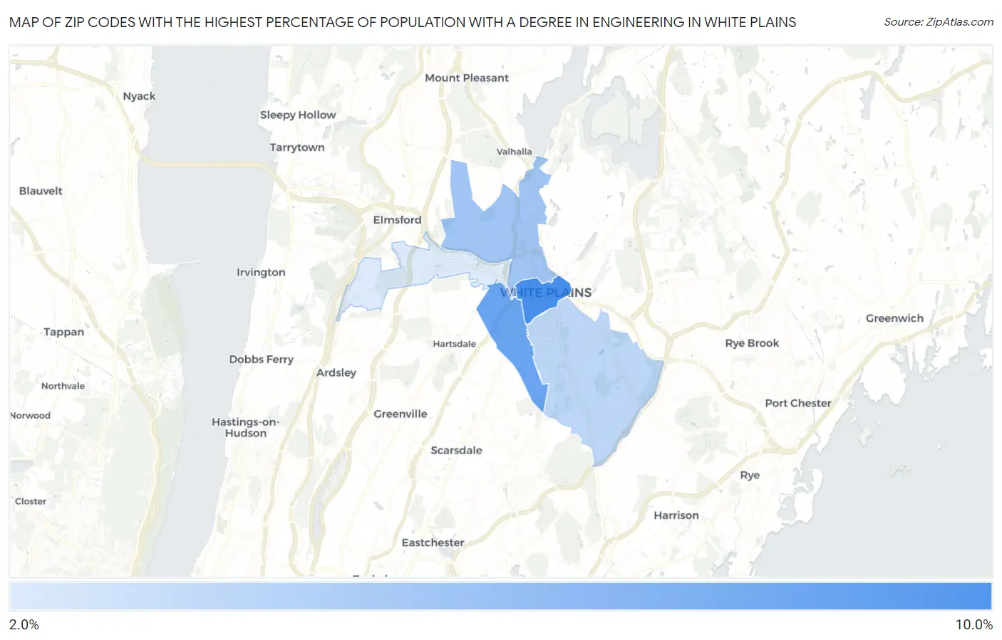 Zip Codes with the Highest Percentage of Population with a Degree in Engineering in White Plains Map