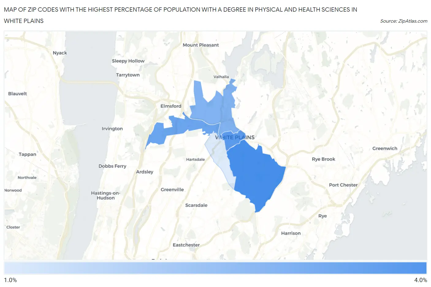 Zip Codes with the Highest Percentage of Population with a Degree in Physical and Health Sciences in White Plains Map