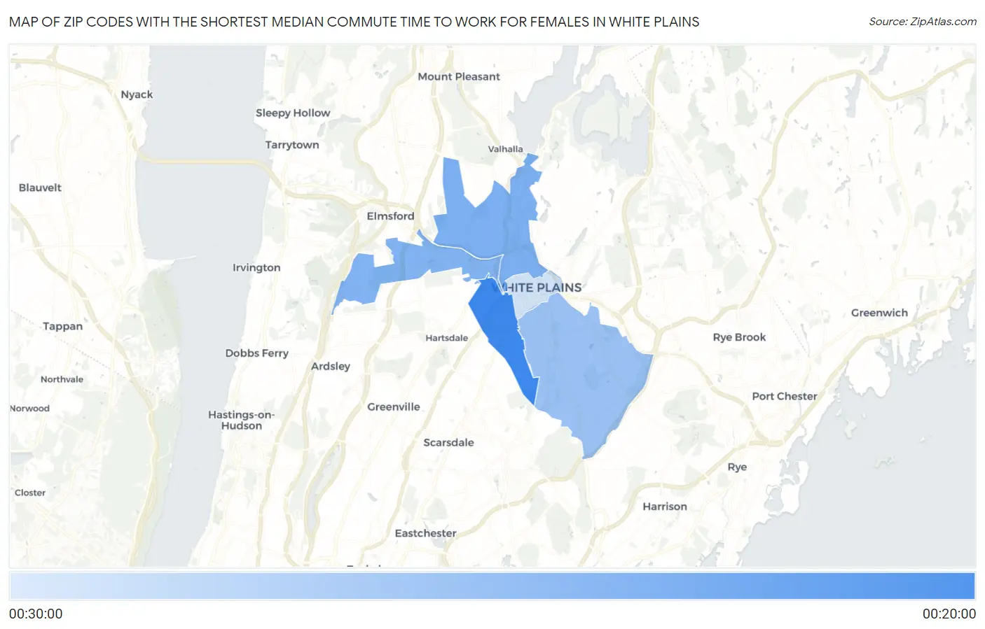 Zip Codes with the Shortest Median Commute Time to Work for Females in White Plains Map