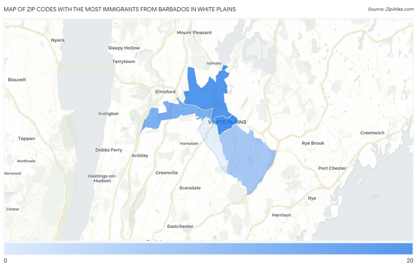 Zip Codes with the Most Immigrants from Barbados in White Plains Map