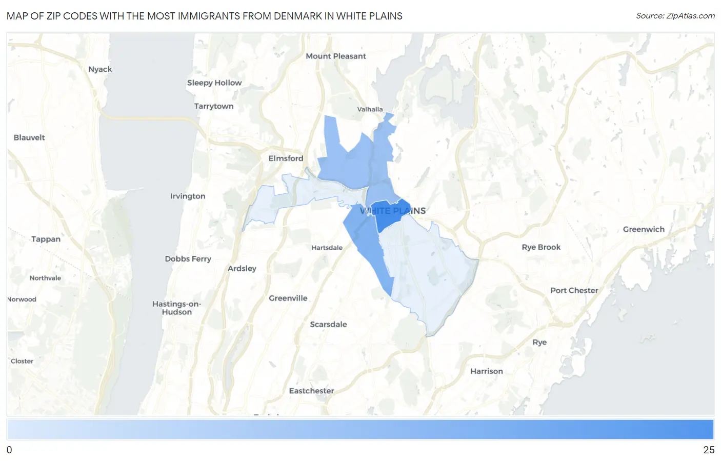 Zip Codes with the Most Immigrants from Denmark in White Plains Map