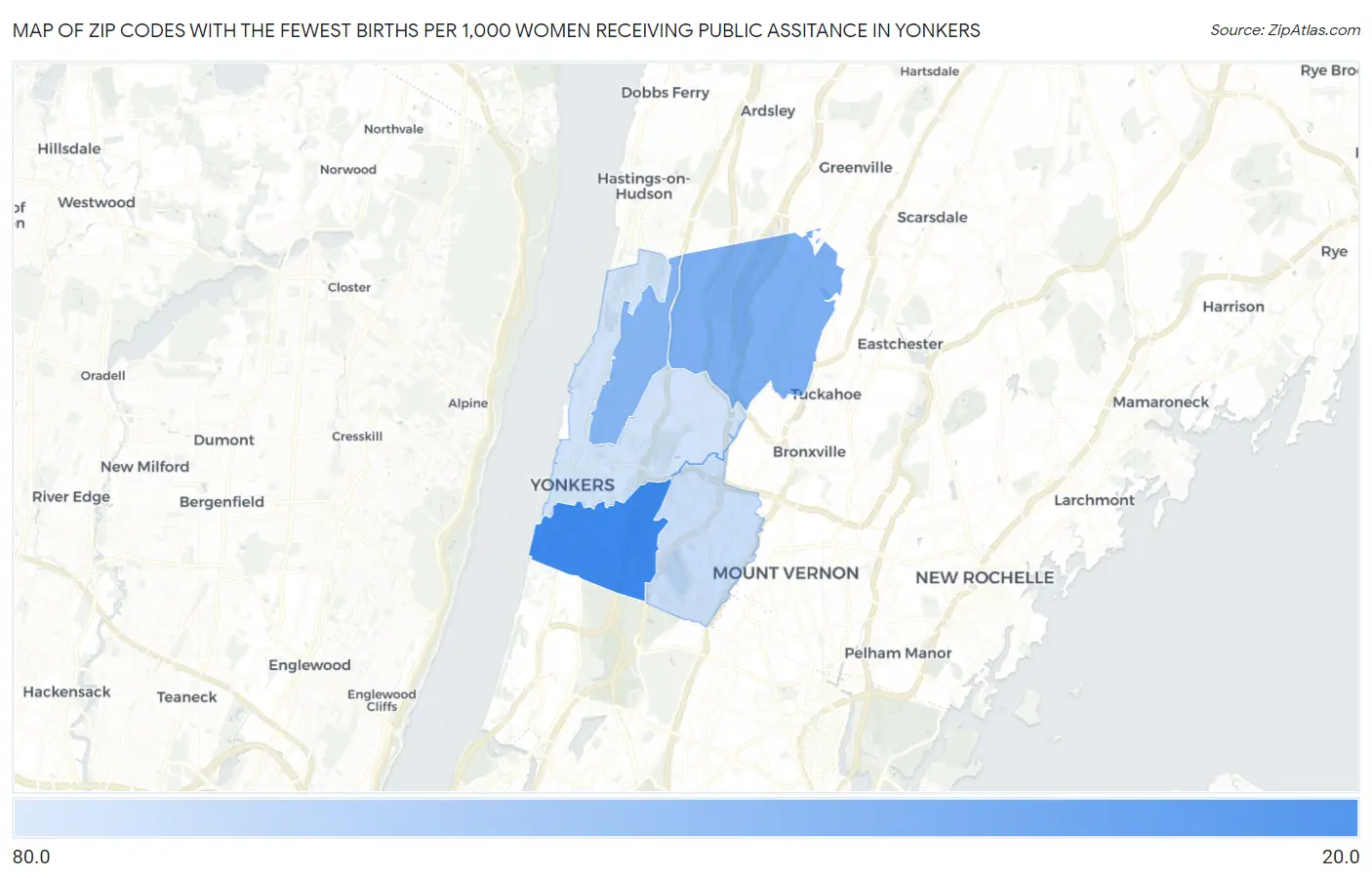 Zip Codes with the Fewest Births per 1,000 Women Receiving Public Assitance in Yonkers Map