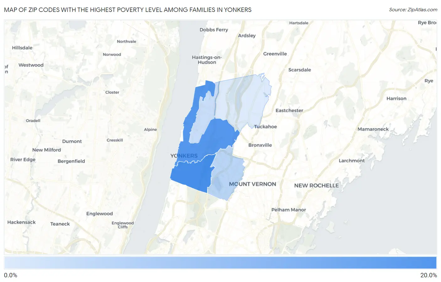 Zip Codes with the Highest Poverty Level Among Families in Yonkers Map