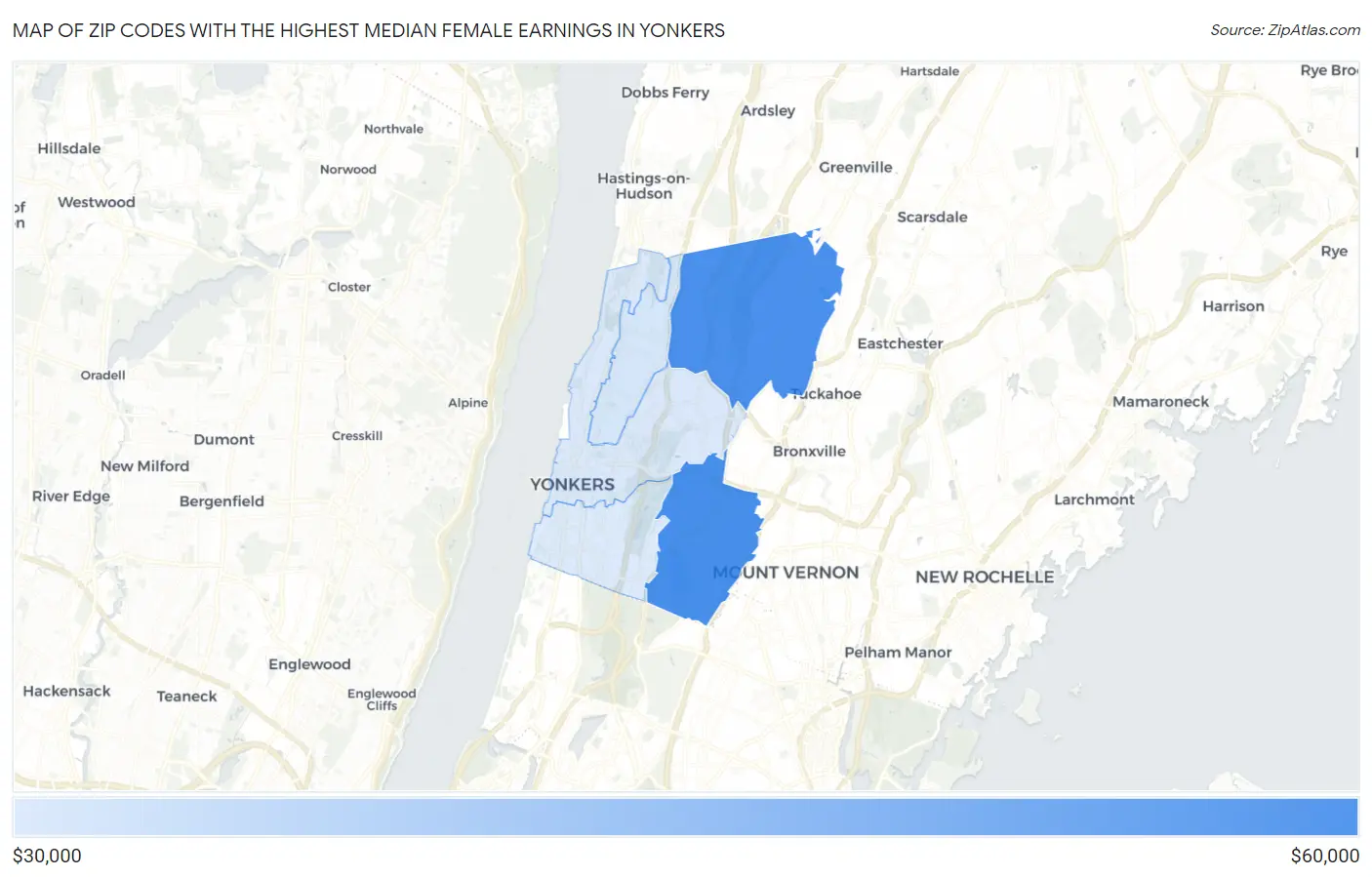 Zip Codes with the Highest Median Female Earnings in Yonkers Map