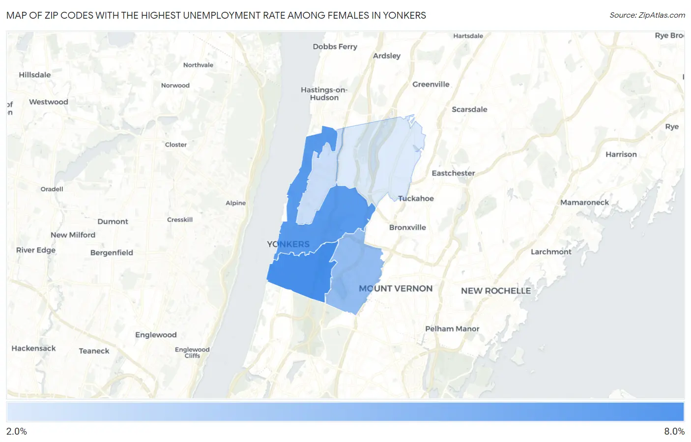 Zip Codes with the Highest Unemployment Rate Among Females in Yonkers Map