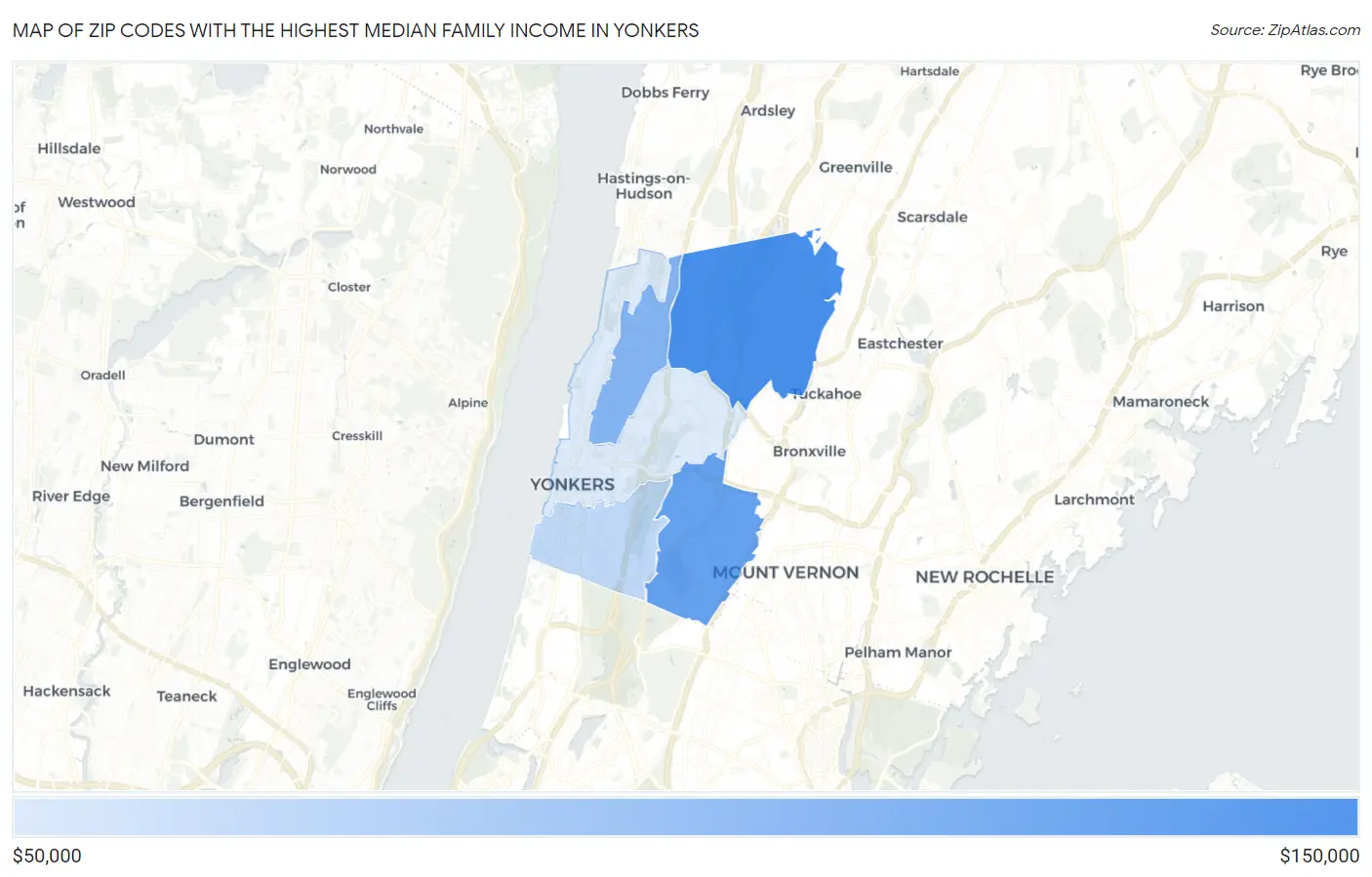 Zip Codes with the Highest Median Family Income in Yonkers Map