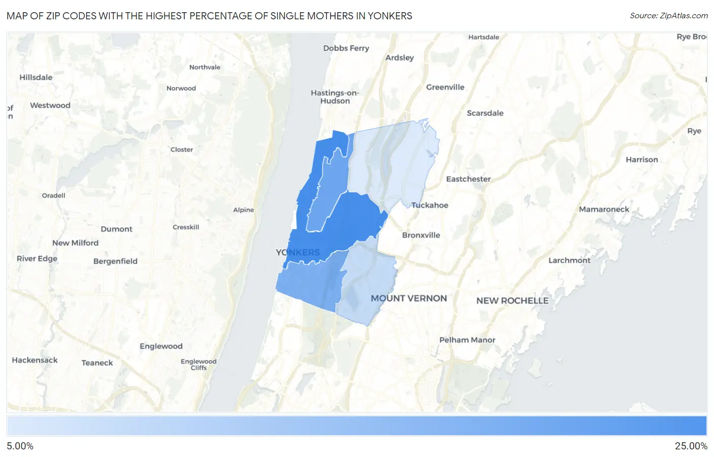 Zip Codes with the Highest Percentage of Single Mothers in Yonkers Map