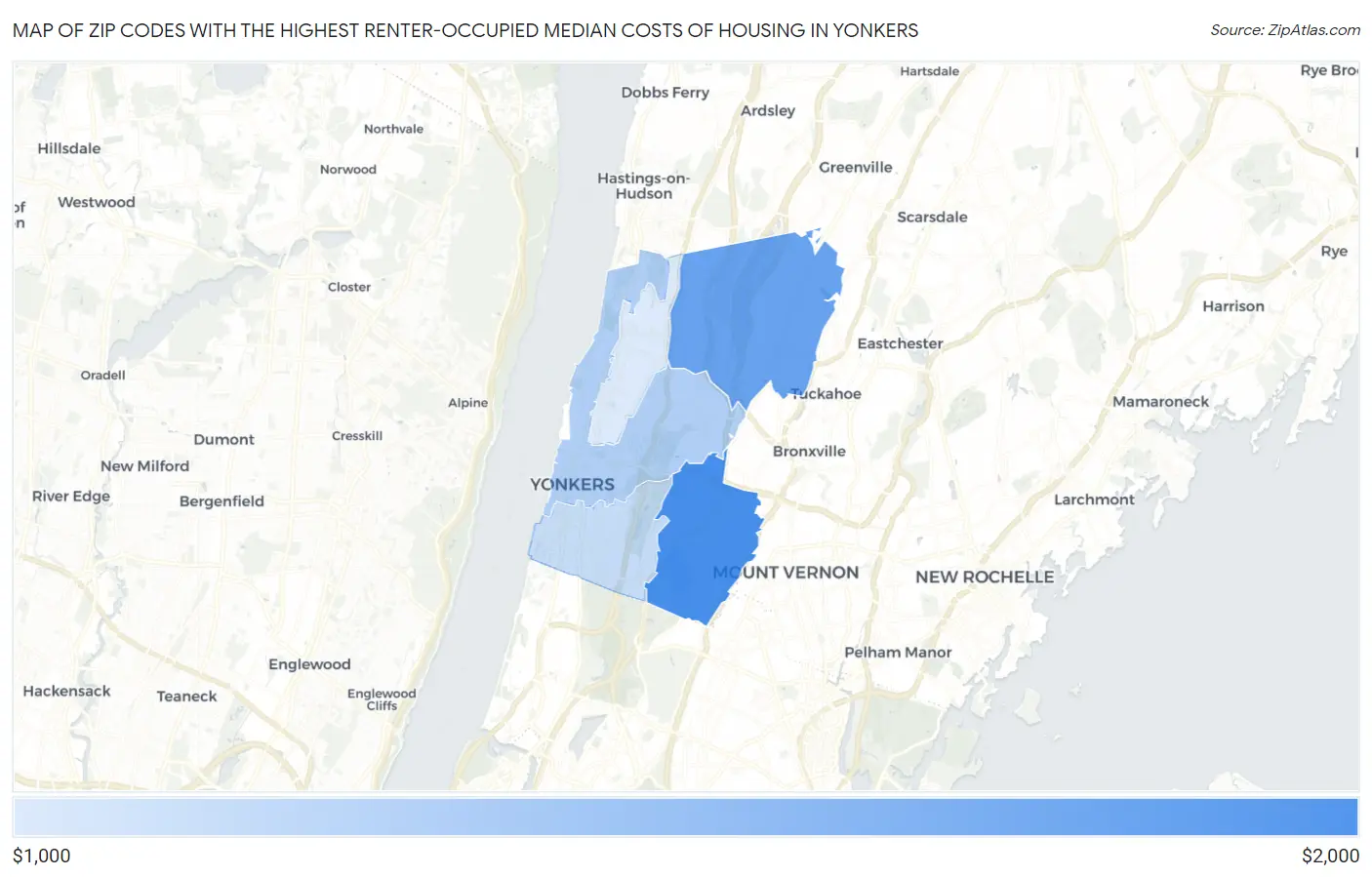 Zip Codes with the Highest Renter-Occupied Median Costs of Housing in Yonkers Map