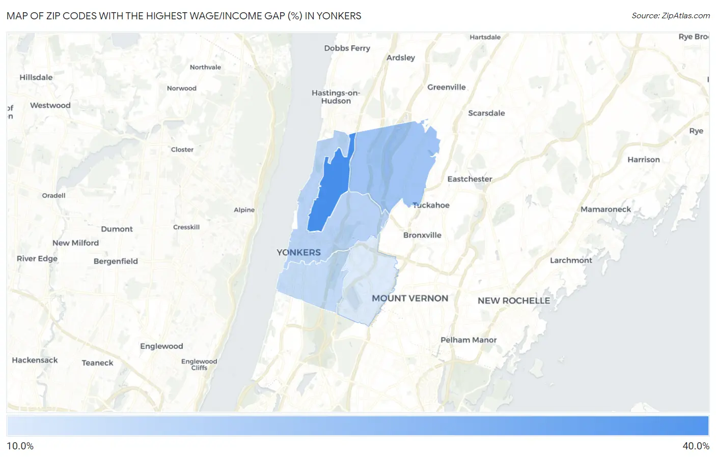 Zip Codes with the Highest Wage/Income Gap (%) in Yonkers Map