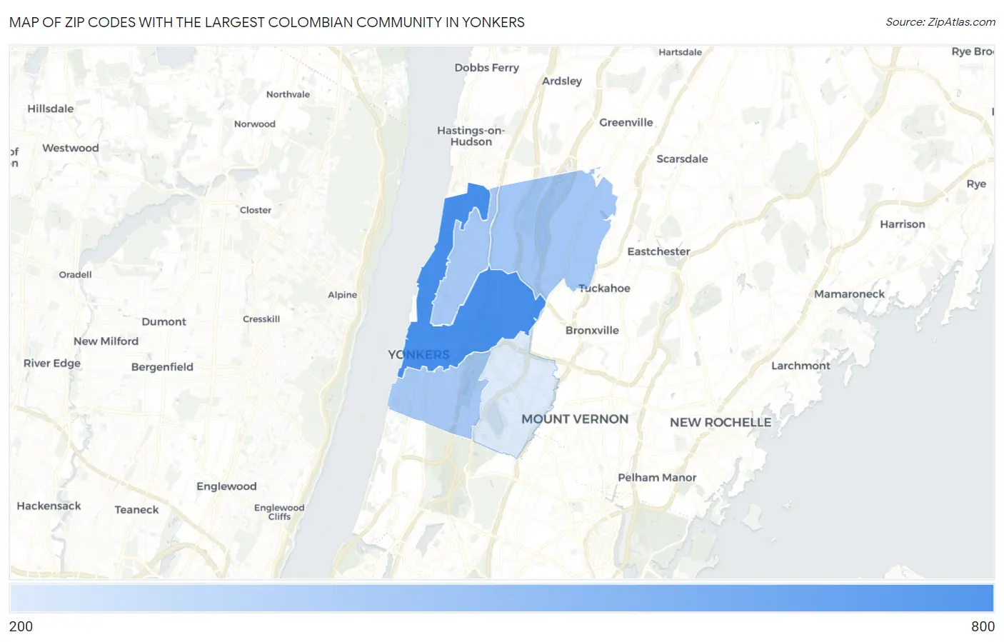 Zip Codes with the Largest Colombian Community in Yonkers Map