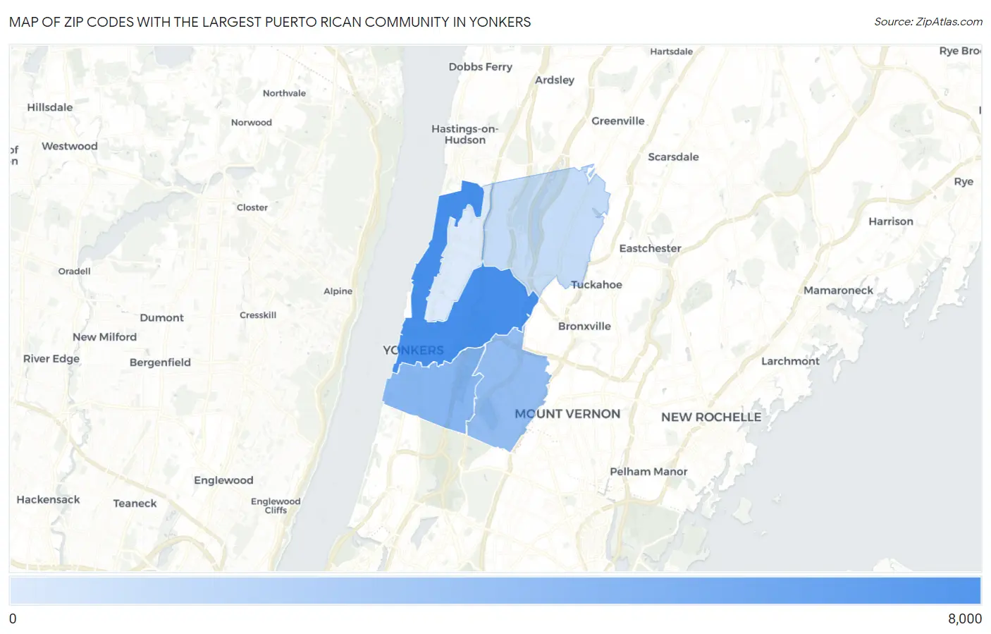 Zip Codes with the Largest Puerto Rican Community in Yonkers Map