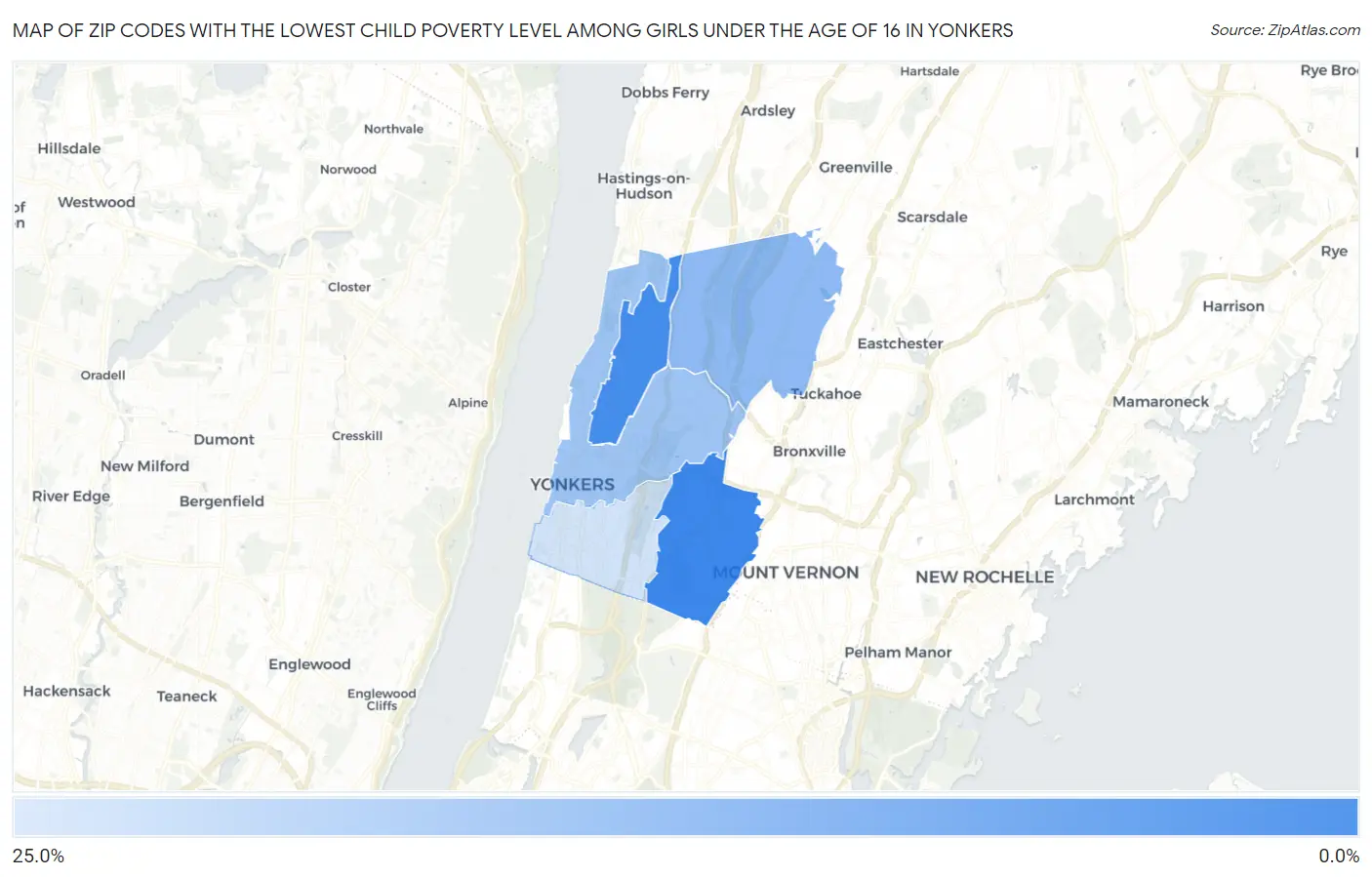 Zip Codes with the Lowest Child Poverty Level Among Girls Under the Age of 16 in Yonkers Map
