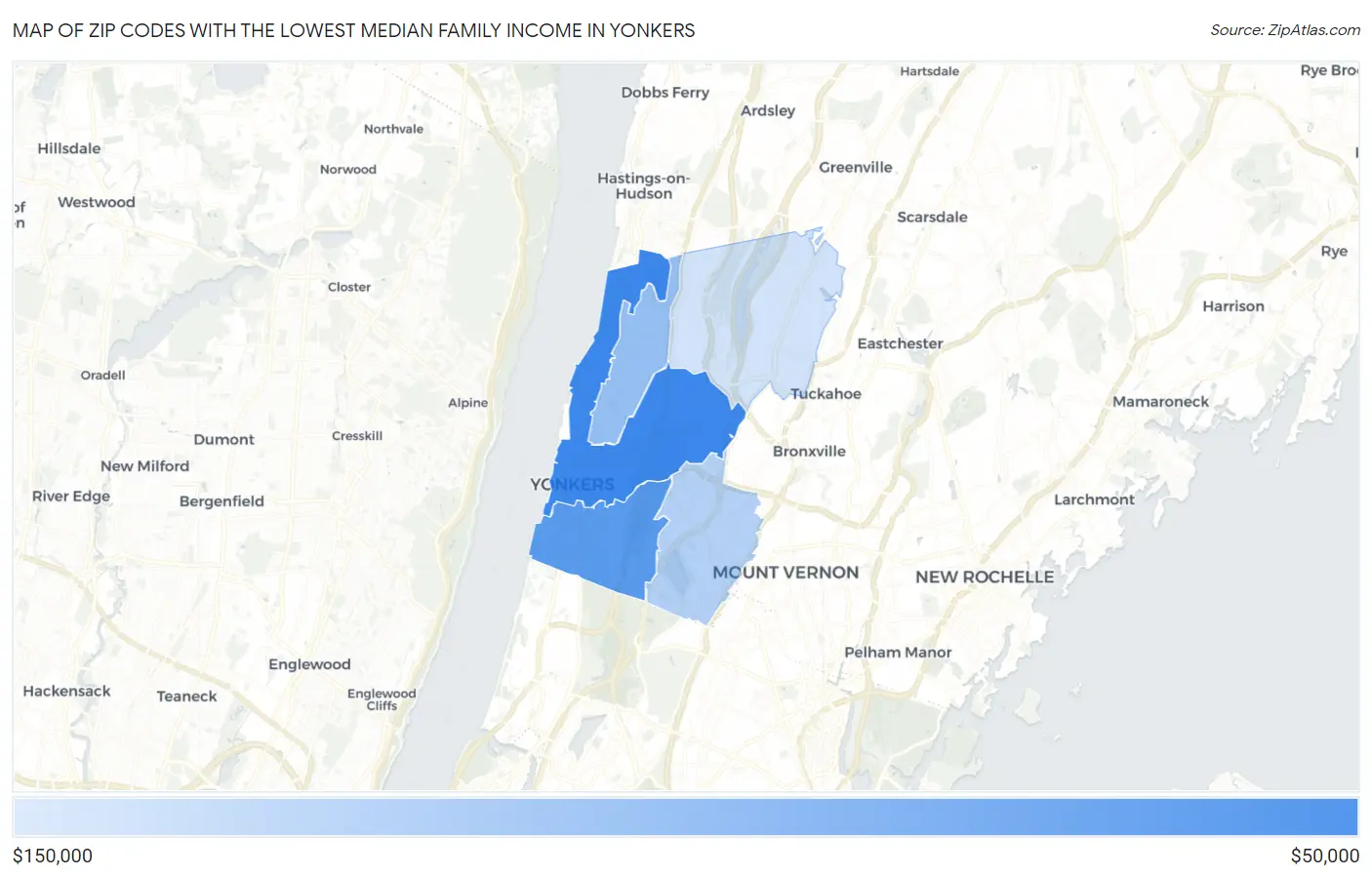 Zip Codes with the Lowest Median Family Income in Yonkers Map