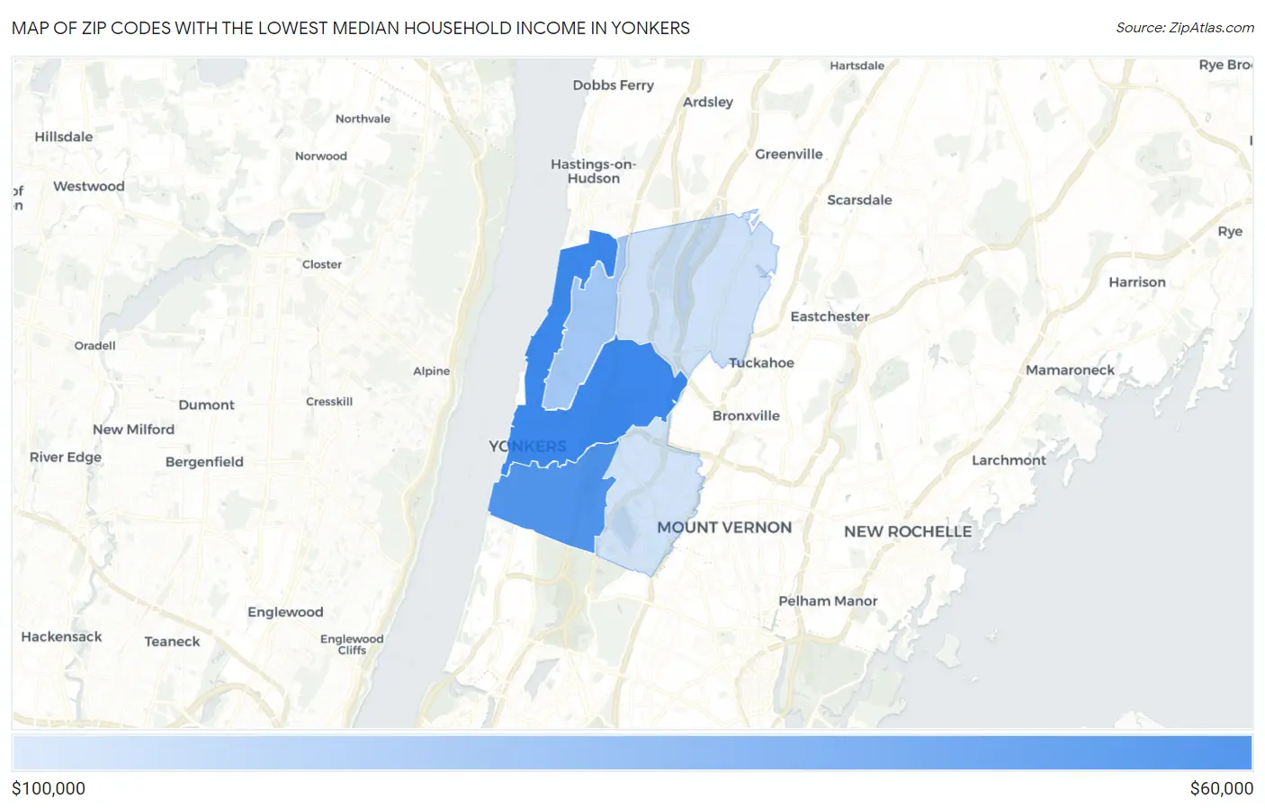 Zip Codes with the Lowest Median Household Income in Yonkers Map