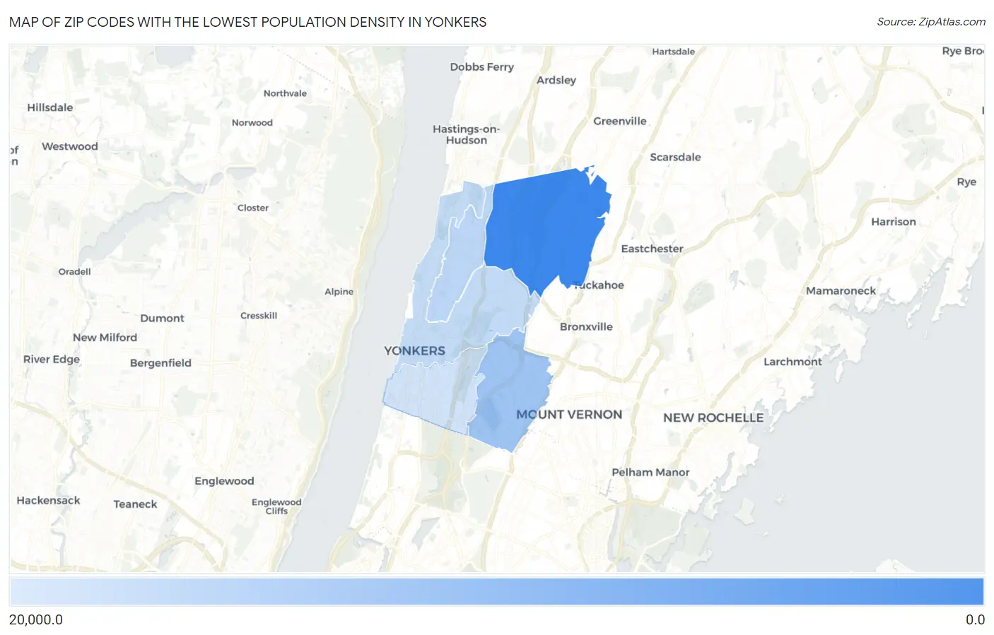 Zip Codes with the Lowest Population Density in Yonkers Map