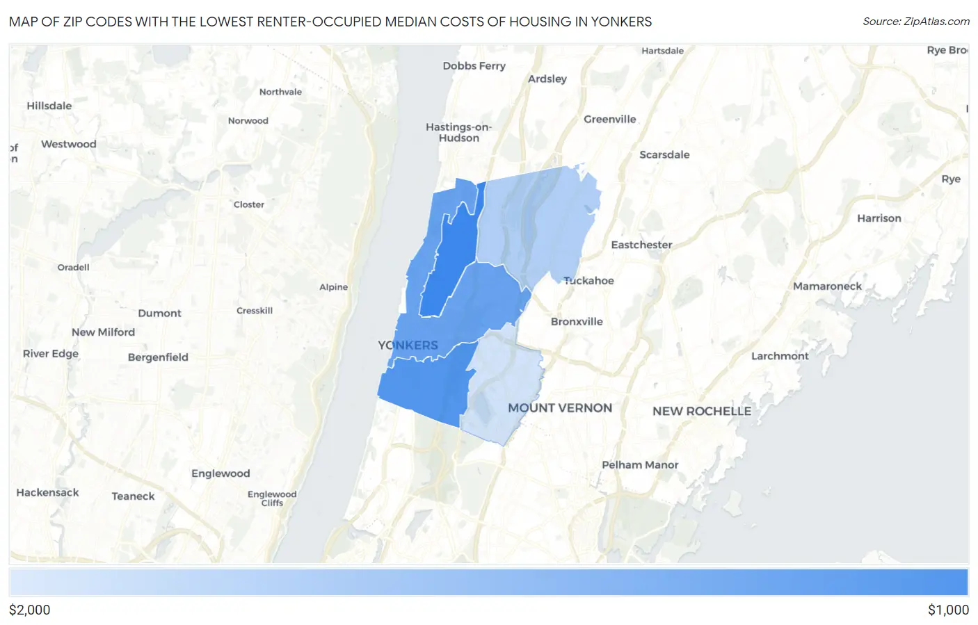 Zip Codes with the Lowest Renter-Occupied Median Costs of Housing in Yonkers Map