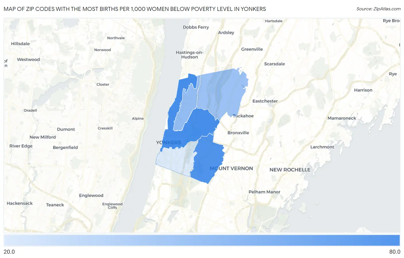 Zip Codes with the Most Births per 1,000 Women Below Poverty Level in Yonkers Map