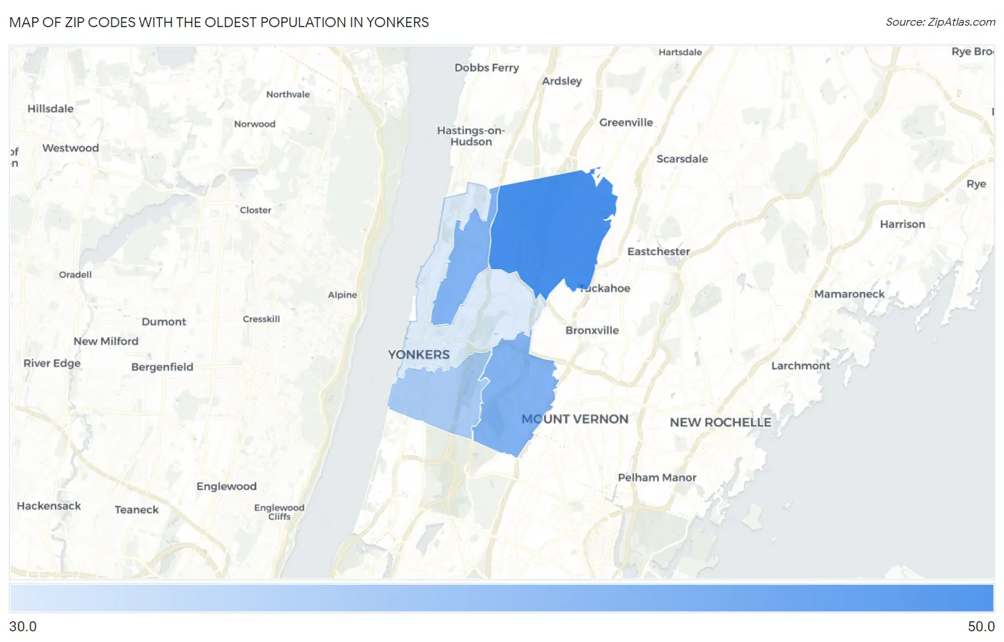 Zip Codes with the Oldest Population in Yonkers Map