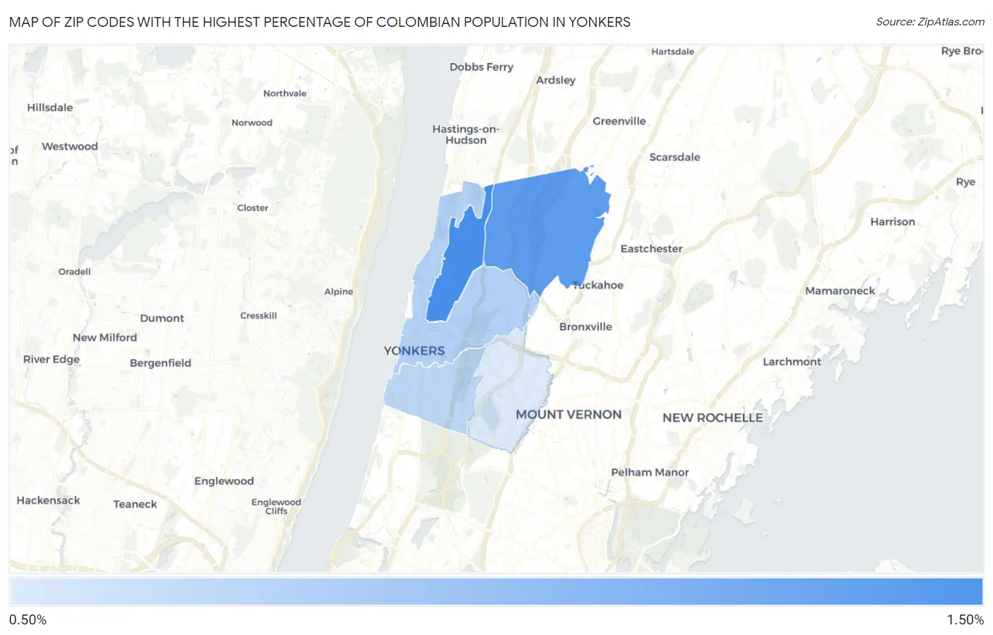 Zip Codes with the Highest Percentage of Colombian Population in Yonkers Map