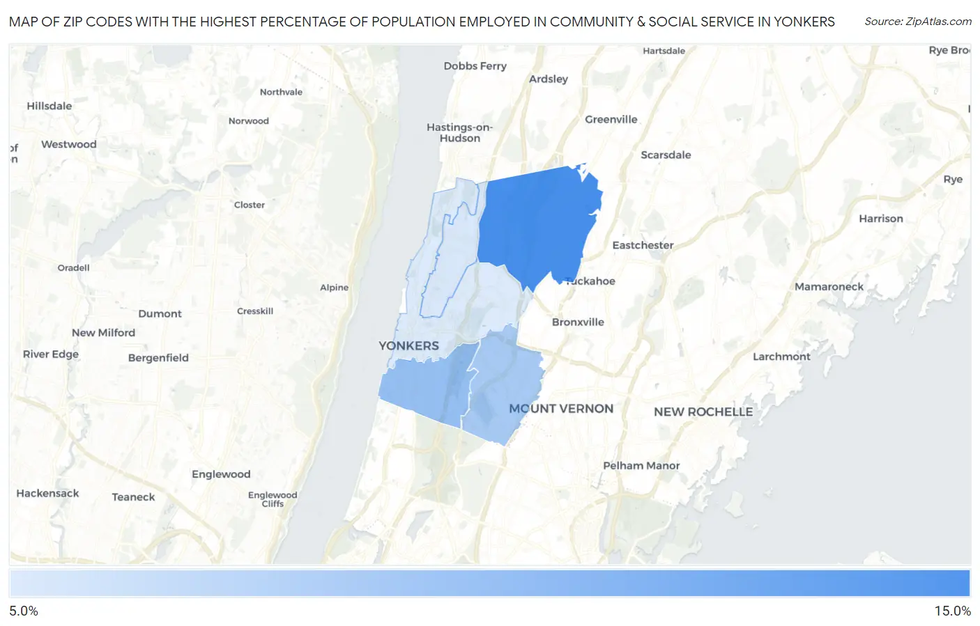 Zip Codes with the Highest Percentage of Population Employed in Community & Social Service  in Yonkers Map