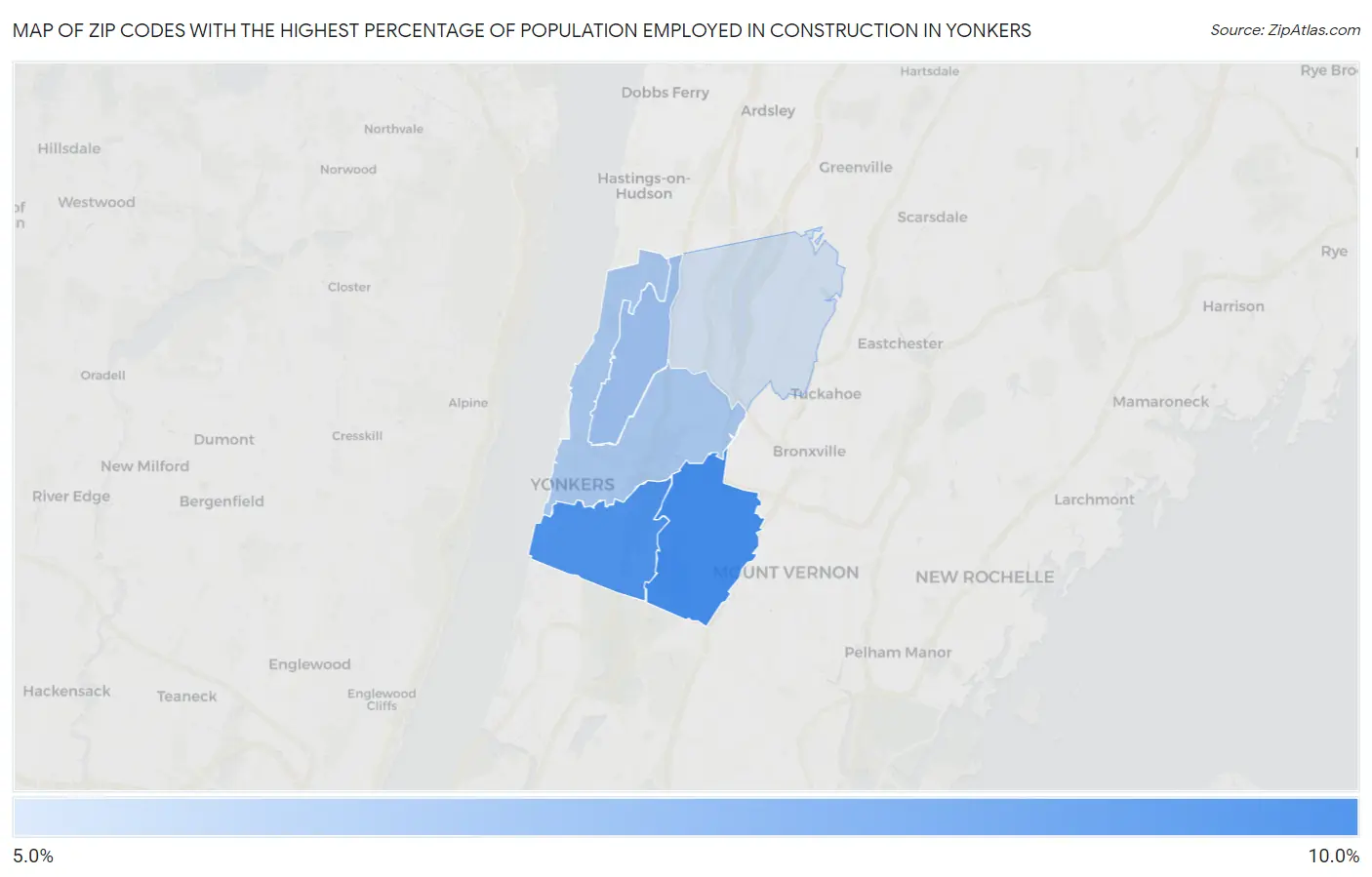 Zip Codes with the Highest Percentage of Population Employed in Construction in Yonkers Map