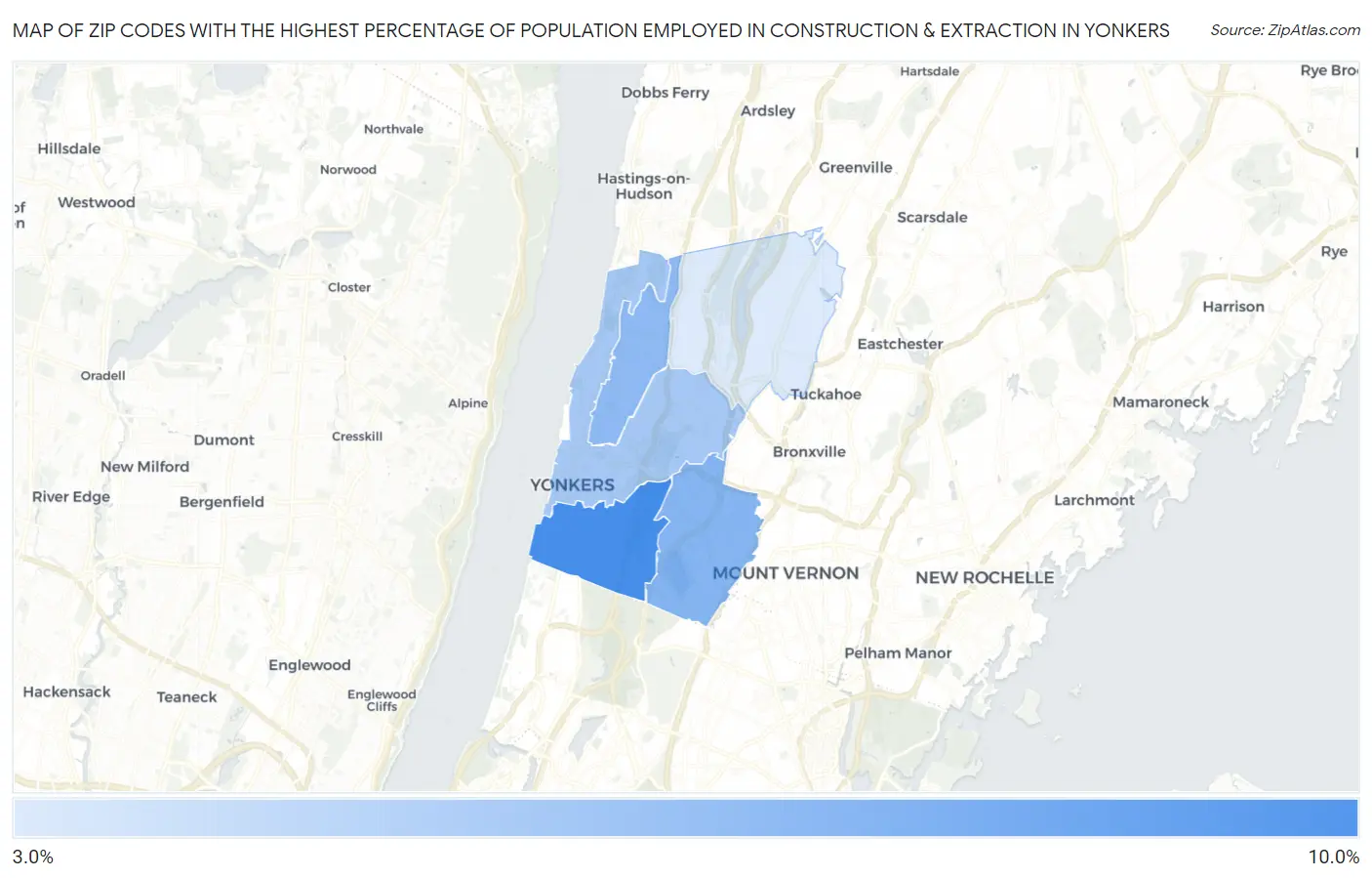 Zip Codes with the Highest Percentage of Population Employed in Construction & Extraction in Yonkers Map