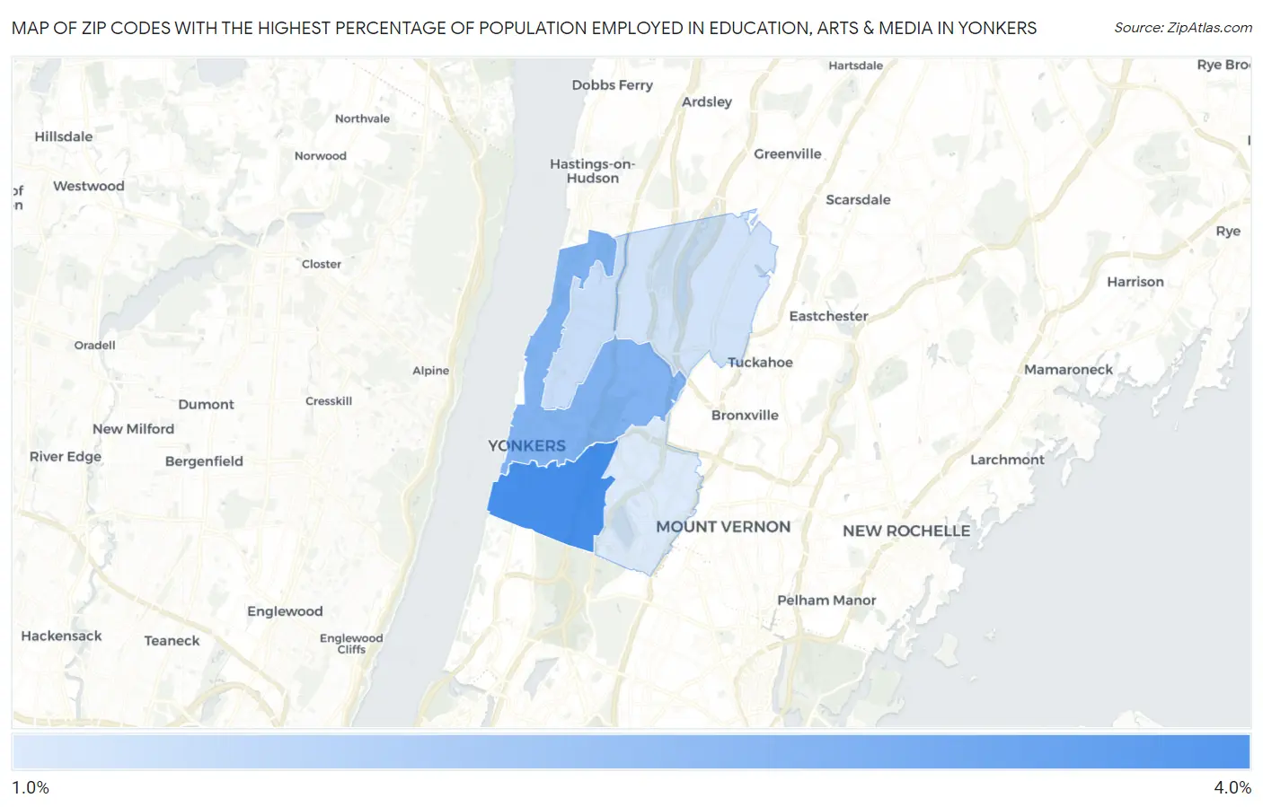 Zip Codes with the Highest Percentage of Population Employed in Education, Arts & Media in Yonkers Map