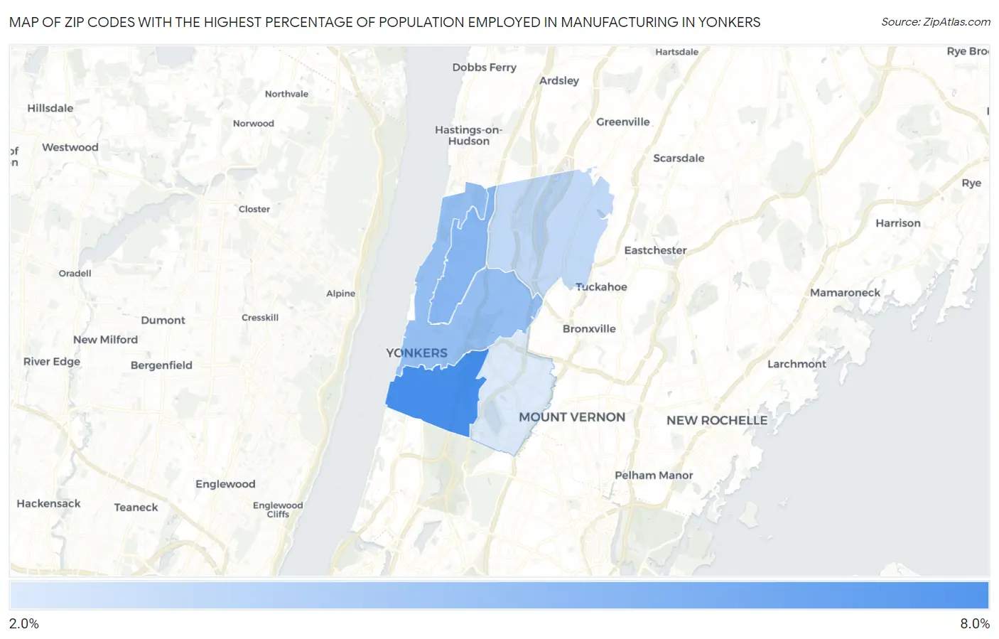 Zip Codes with the Highest Percentage of Population Employed in Manufacturing in Yonkers Map