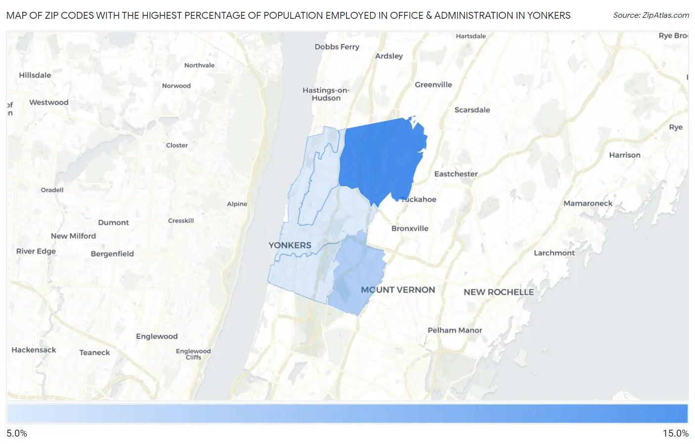 Zip Codes with the Highest Percentage of Population Employed in Office & Administration in Yonkers Map