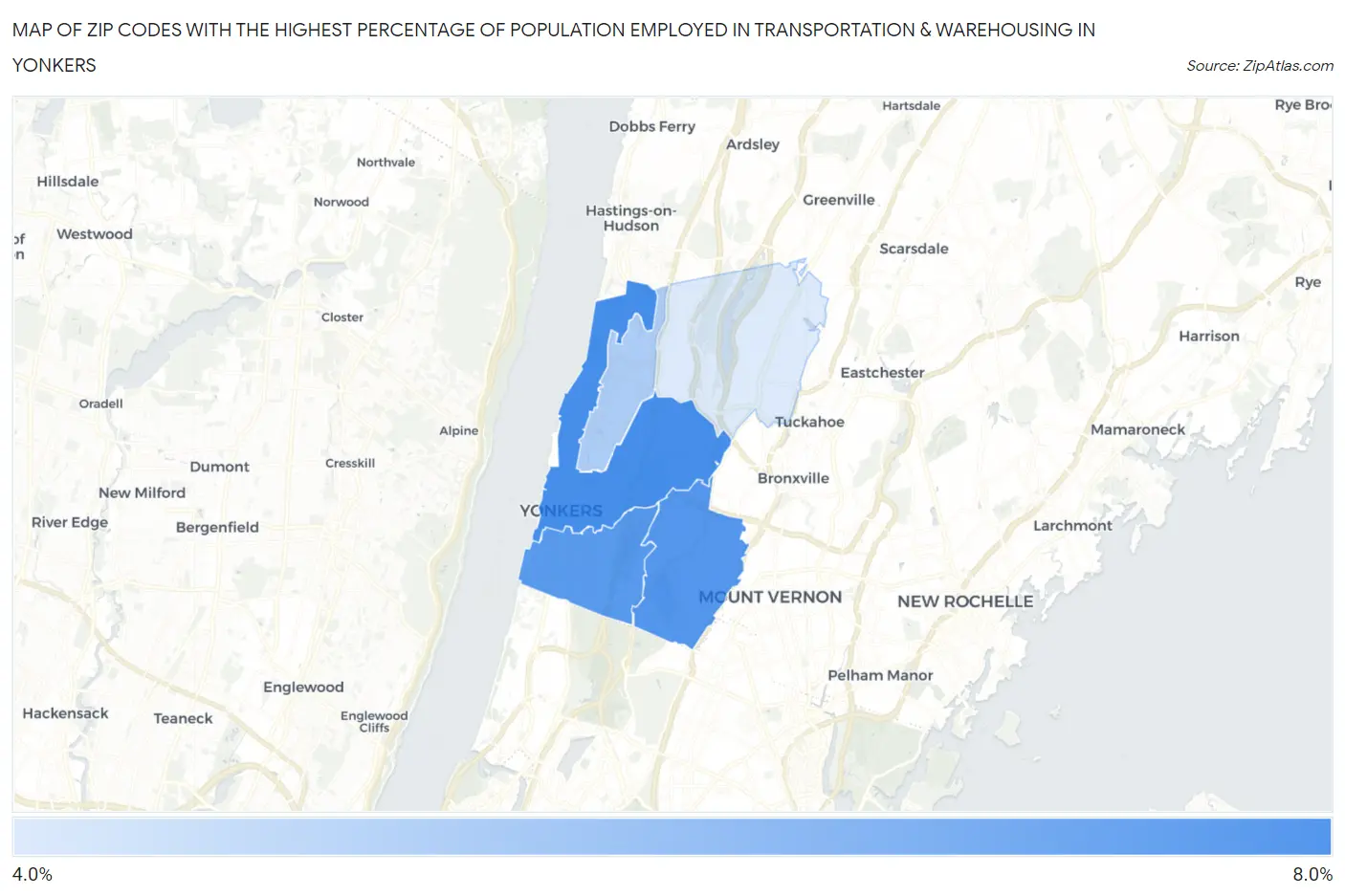 Zip Codes with the Highest Percentage of Population Employed in Transportation & Warehousing in Yonkers Map