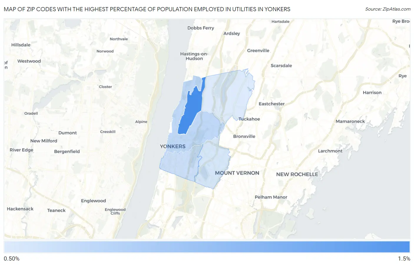 Zip Codes with the Highest Percentage of Population Employed in Utilities in Yonkers Map