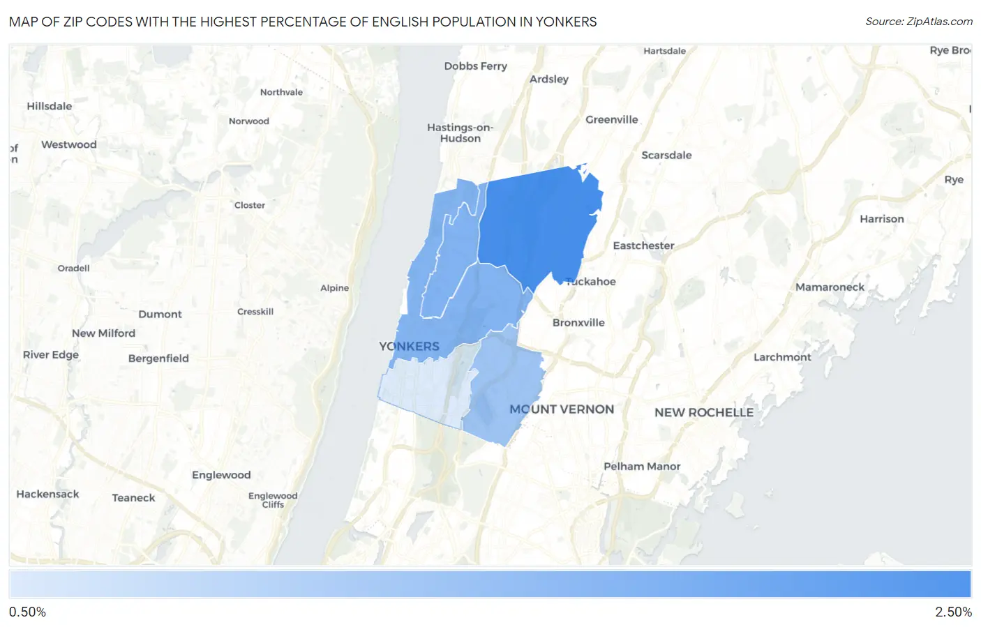 Zip Codes with the Highest Percentage of English Population in Yonkers Map