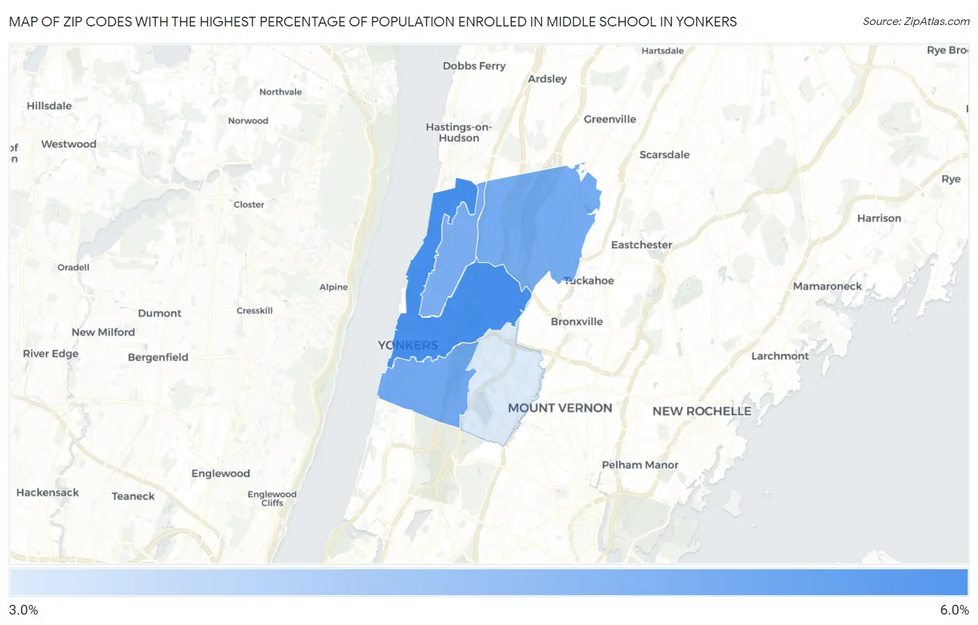 Zip Codes with the Highest Percentage of Population Enrolled in Middle School in Yonkers Map
