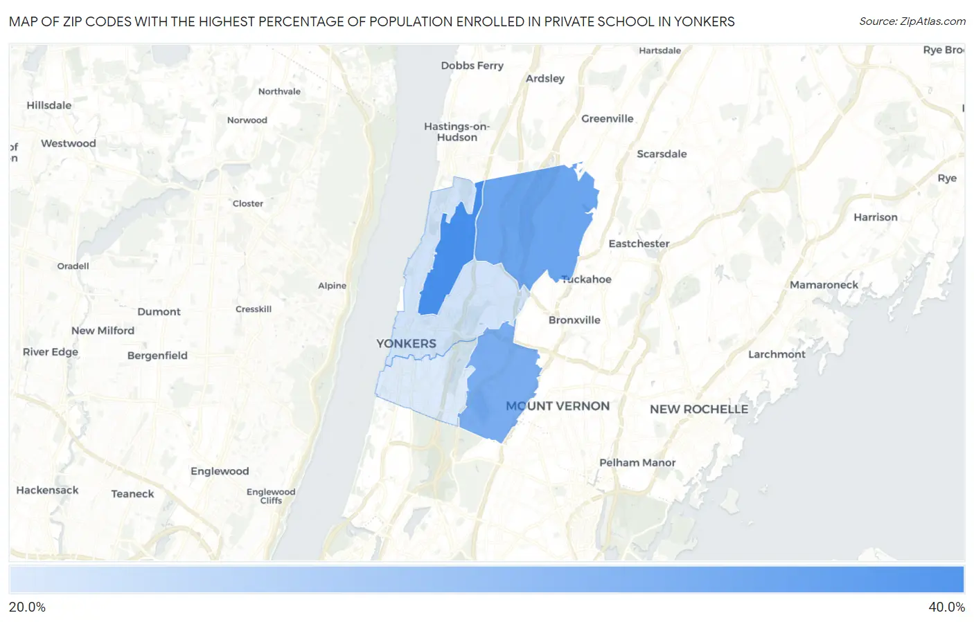 Zip Codes with the Highest Percentage of Population Enrolled in Private School in Yonkers Map