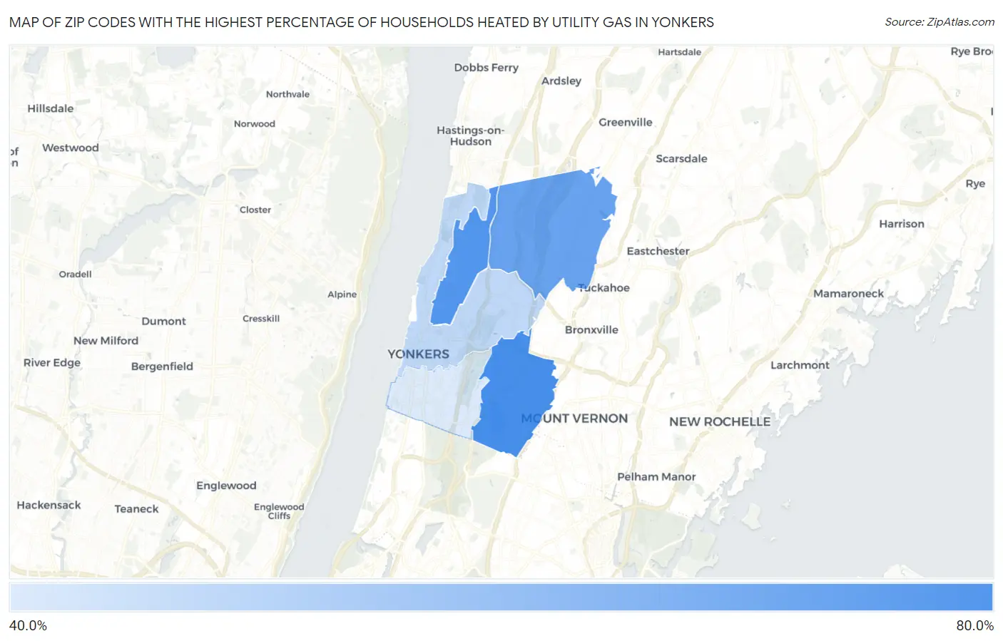 Zip Codes with the Highest Percentage of Households Heated by Utility Gas in Yonkers Map