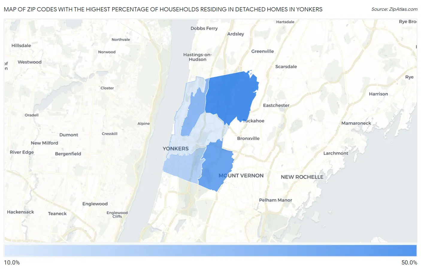 Zip Codes with the Highest Percentage of Households Residing in Detached Homes in Yonkers Map