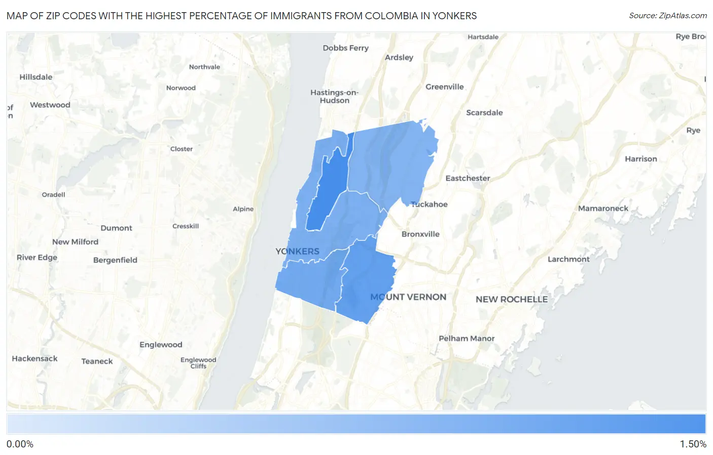 Zip Codes with the Highest Percentage of Immigrants from Colombia in Yonkers Map