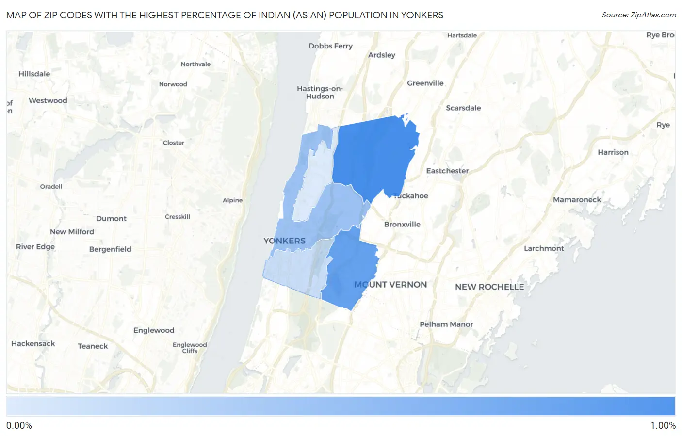 Zip Codes with the Highest Percentage of Indian (Asian) Population in Yonkers Map