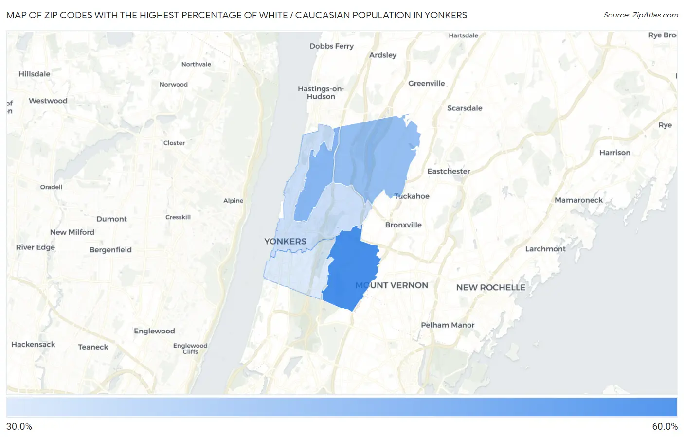 Zip Codes with the Highest Percentage of White / Caucasian Population in Yonkers Map