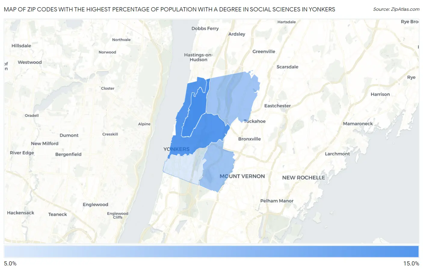 Zip Codes with the Highest Percentage of Population with a Degree in Social Sciences in Yonkers Map
