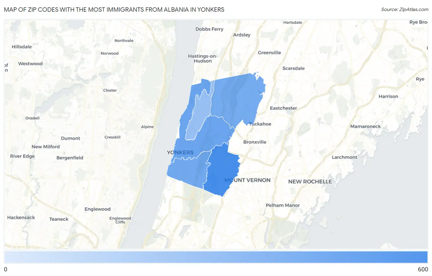 Zip Codes with the Most Immigrants from Albania in Yonkers Map